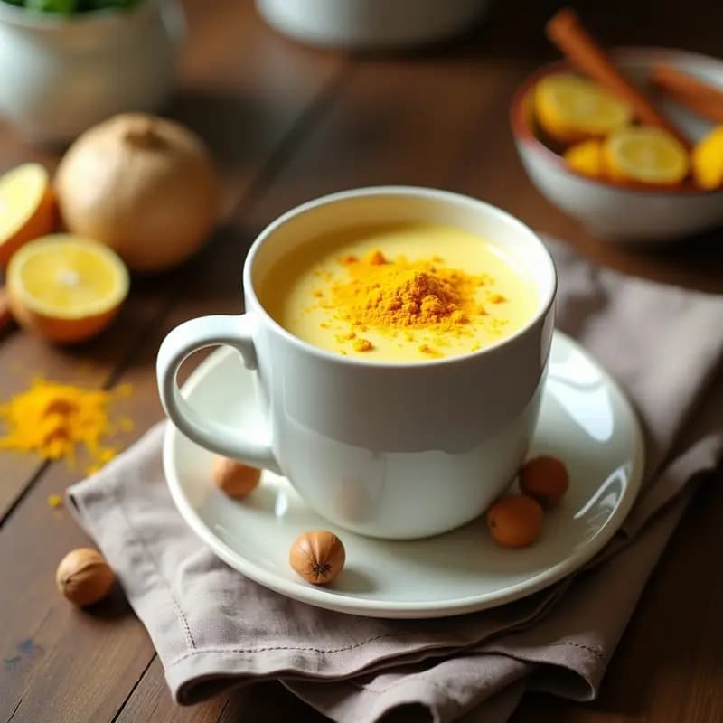 Taza de cerámica blanca con beverage de jengibre y cúrcuma con leche de avellanas, espuma dorada y una pizca de cúrcuma en polvo por encima. Jengibre fresco y avellanas al lado, fondo de madera clara y tela de lino.