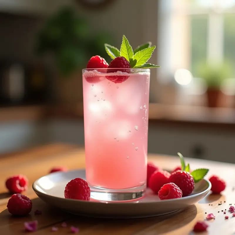 Vaso alto transparente con bebida de kéfir de agua rosada, decorado con frambuesas frescas y hojas de stevia, sobre una mesa rústica de madera con fondo borroso.