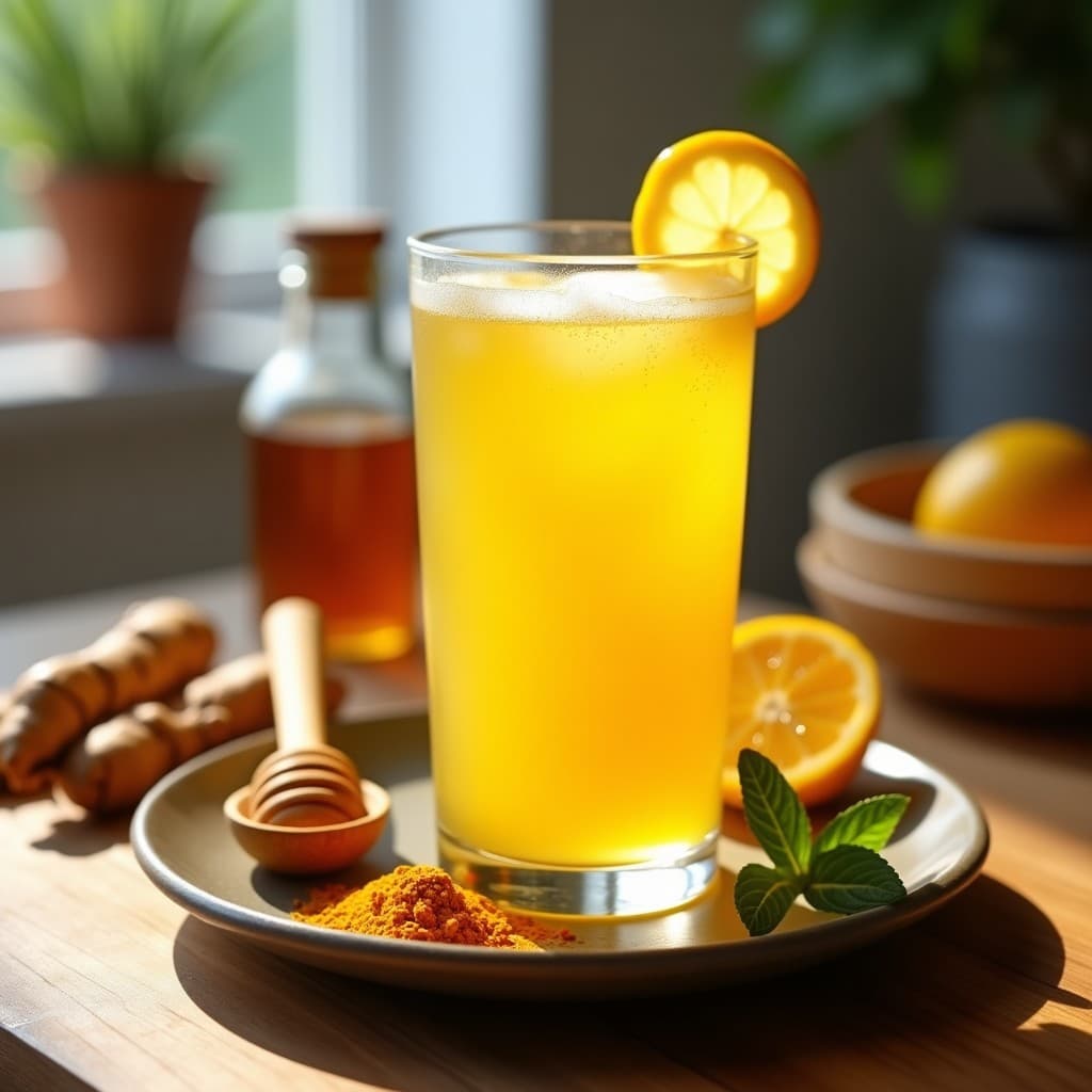 Vaso transparente con bebida dorada y turbia de kéfir con cúrcuma y miel de Manuka, decorada con rodaja de limón, pizca de cúrcuma en polvo y hoja de menta, sobre fondo de madera rústica con granos de kéfir y raíz de cúrcuma al lado.