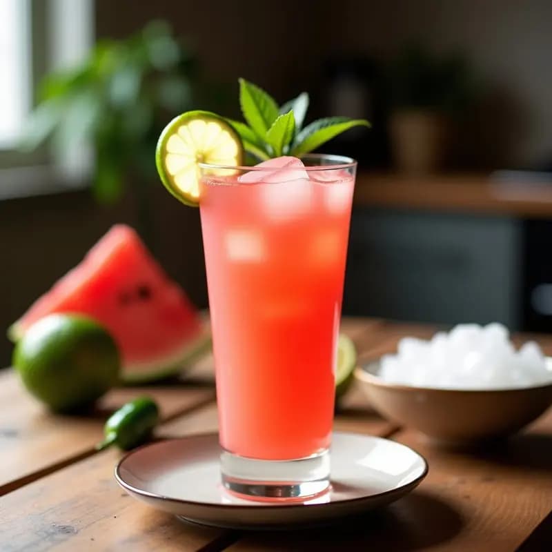 Vaso alto transparente con bebida energizante peruana de leche de tigre y sandía, color rosado vibrante, decorado con rodaja de limón y hojas de menta, con cubitos de hielo flotando. Plato rústico de fondo con ingredientes frescos como sandía, limones y jalapeño.