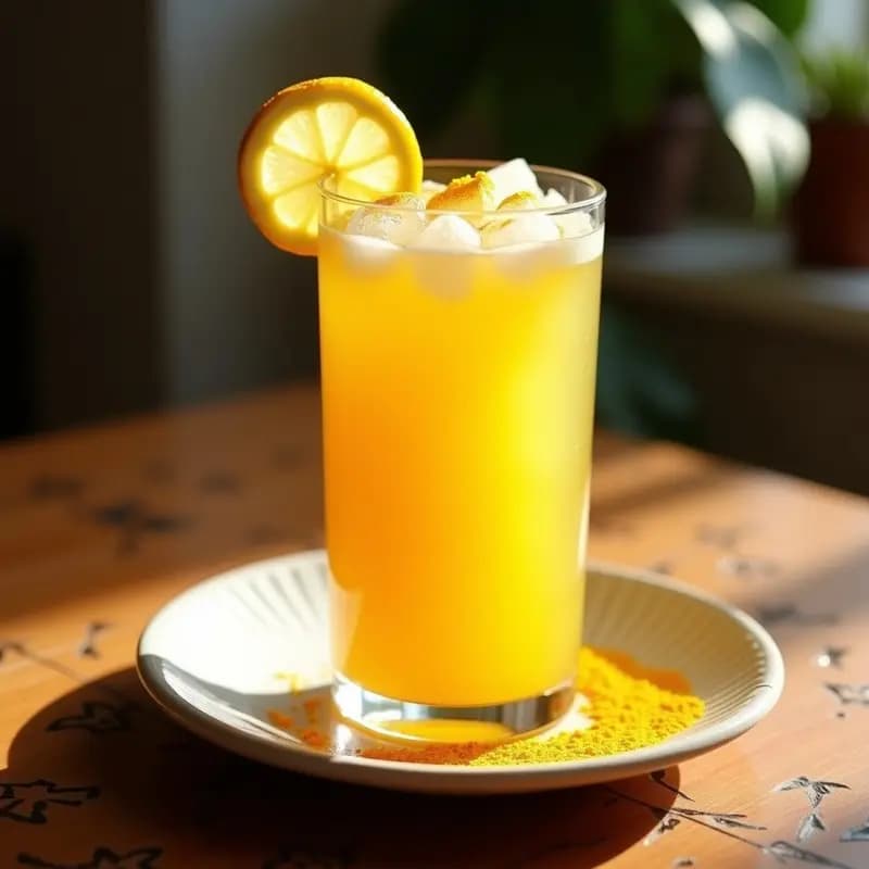Vaso alto de cristal con C susía de limón y cúrcuma, bebida marroquí refrescante y antiinflamatoria, decorada con rodaja de limón, hojas de menta y hielo picado sobre fondo rústico de madera.