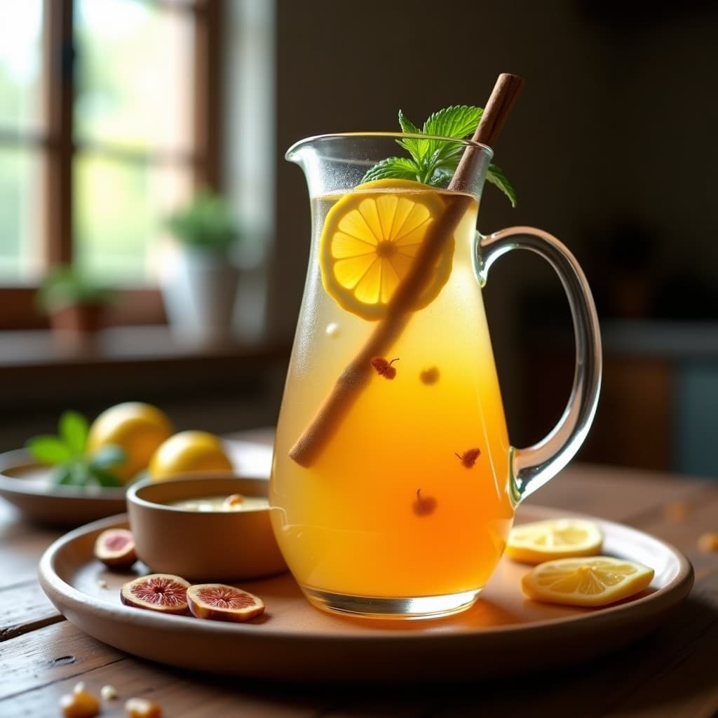 Jarra de vidrio transparente con bebida griega de limón y higos, rodajas de limón flotando, canela en rama y hojas de menta fresca, servida en vaso alto con hielo y fondo rústico de madera.