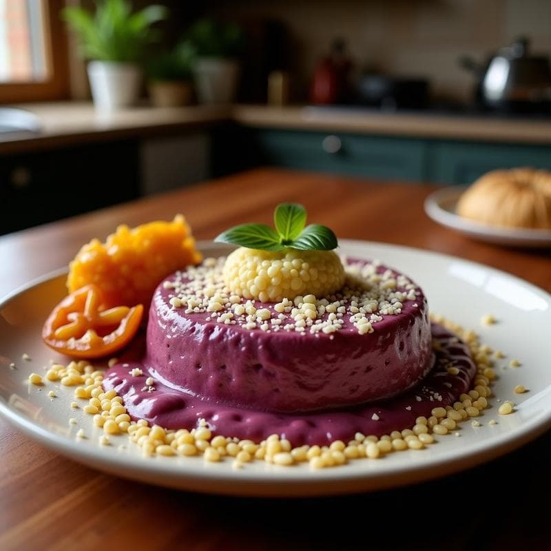 Vaso alto transparente con bebida morada vibrante de maíz morado, piña y chía, decorado con una pizca de canela y una rodaja de piña fresca. Fondo de cocina rústica con ingredientes al lado: lata de maíz morado, piña en trozos y semillas de chía.