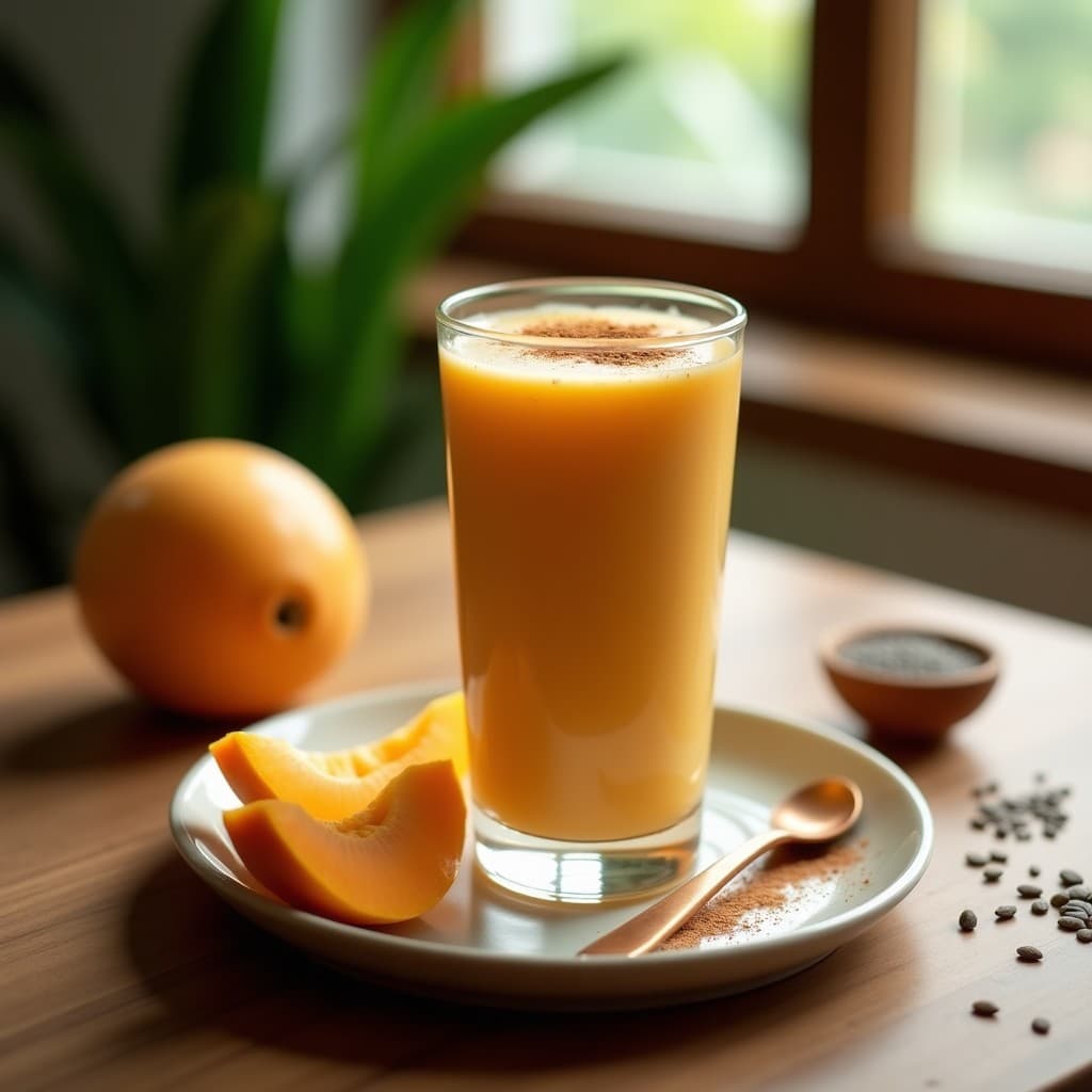 Batido tropical espeso de color naranja suave servido en un vaso alto de cristal con una pizca de canela en polvo por encima, acompañado de una cucharita y rodajas de mamey al lado, sobre una mesa de madera con luz natural.