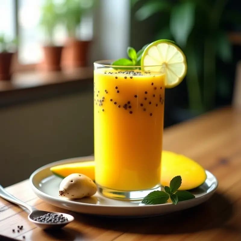 Vaso alto con bebida de mango y jengibre con chía, de color amarillo intenso con puntos negros de semillas de chía, decorado con rodaja de limón y hojas de menta, sobre fondo de madera rústica con ingredientes al lado.