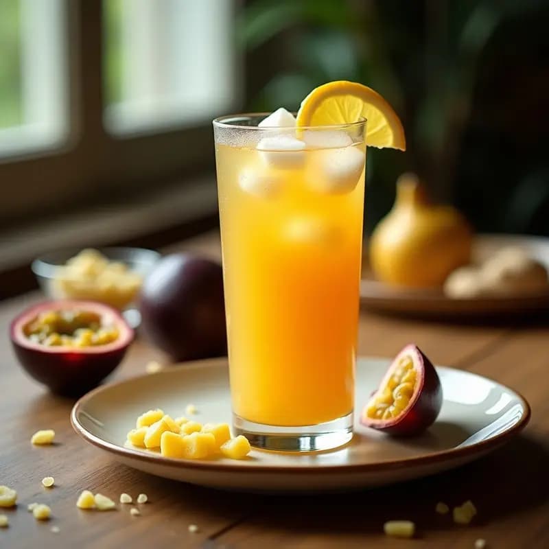 Vaso alto con bebida de maracuyá y jengibre fermentada, de color ámbar dorado con burbujas, decorado con una rodaja de limón y trozos de jengibre fresco. Fondo de mesa de madera rústica con granos de kéfir y frutas tropicales al lado.