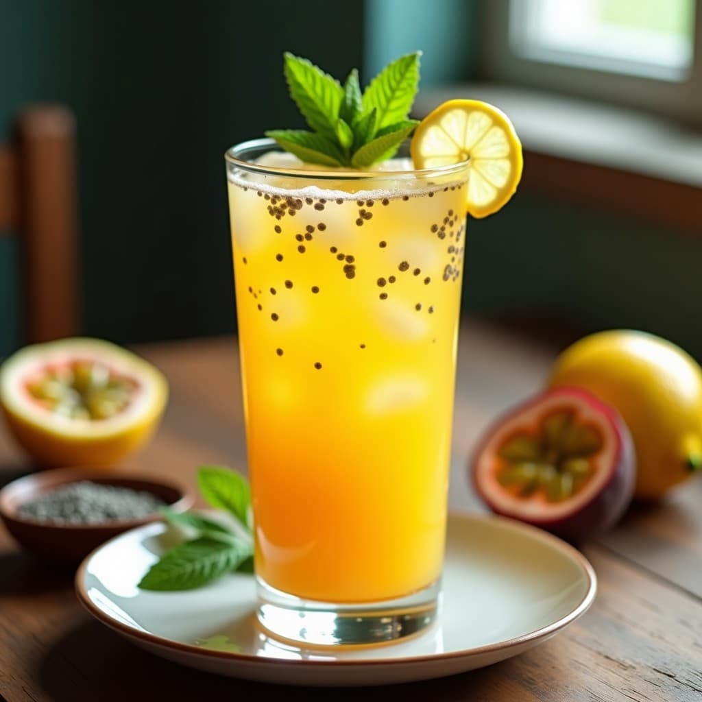 Vaso alto transparente con bebida de maracuyá y limón con chía, decorado con hojas de menta y semillas de chía en suspensión, sobre fondo de madera rústica con rodajas de limón y maracuyá abierto.