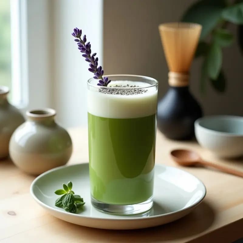 Vaso alto transparente con bebida verde esmeralda de matcha y leche de almendras, coronada con espuma ligera y decorada con semillas de chía y una ramita de lavanda fresca sobre fondo de madera clara. Receta japonesa relajante.