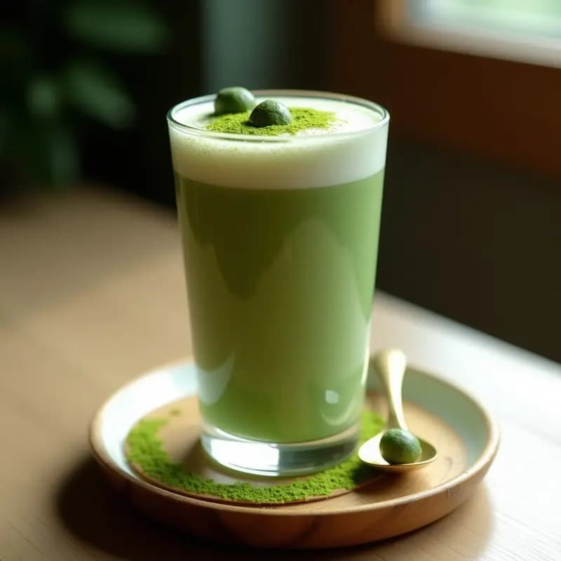 Vaso alto transparente con bebida de matcha y leche de camello, de color verde jaspeado y espuma cremosa, decorado con semillas de cardamomo y un toque de matcha en polvo. Fondo minimalista con tonos neutros y texturas de madera.