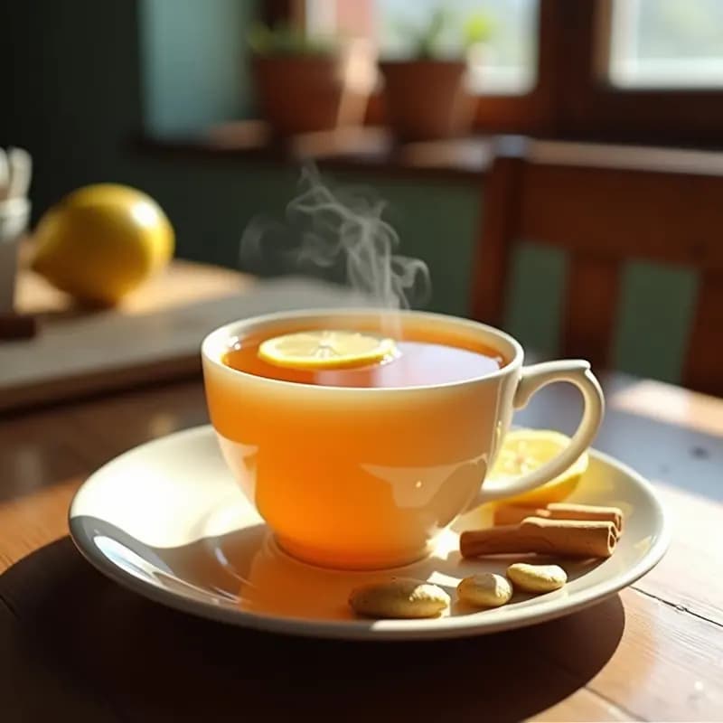 Taza de cerámica blanca con bebida dorada de raíz de loto y jengibre, decorada con una rodaja de limón y una rama de canela al lado. Fondo de madera rústica con ingredientes frescos: raíz de loto, jengibre y limón.