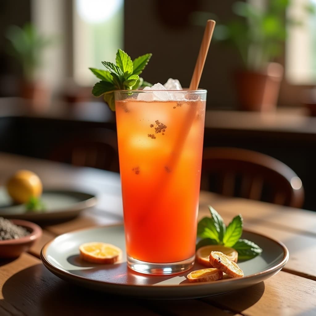 Vaso alto transparente con bebida de tamarillo y jengibre, de color naranja intenso con semillas de chía suspendidas, decorado con rodajas de jengibre, hojas de menta y hielo picado sobre una mesa de madera rústica con fondo de cocina peruana tradicional.