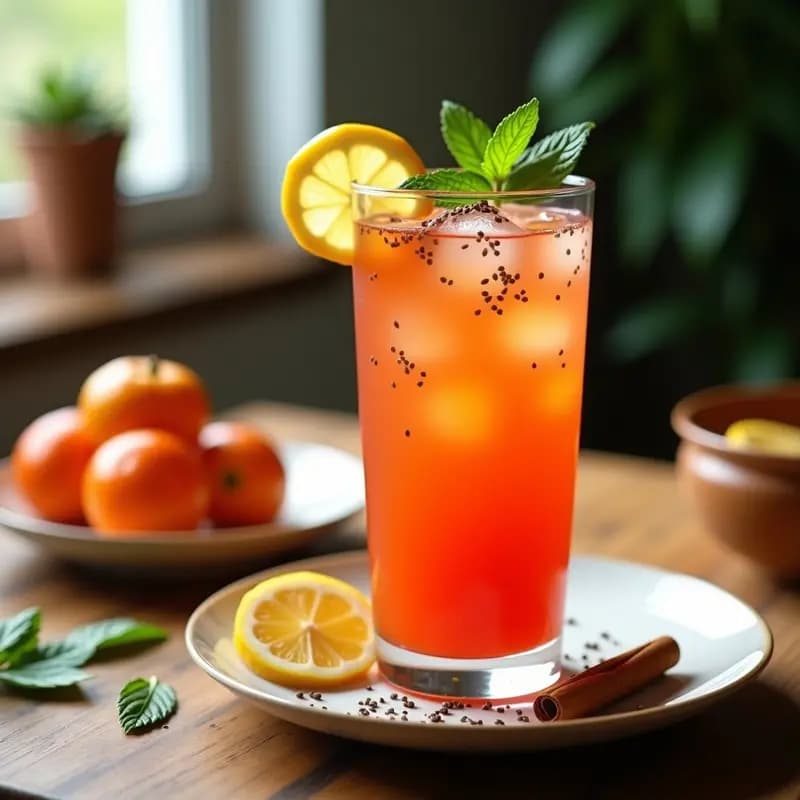 Vaso alto transparente con bebida de tamarillo y limón con chía, refresco colombiano antioxidante y sin azúcar, decorado con rodaja de limón, hojas de menta y pizca de canela sobre fondo rústico de madera.