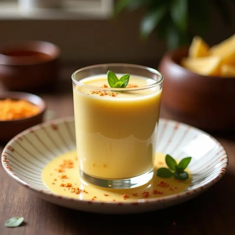 Vaso alto transparente con bebida de tamarindo y cardamomo con leche de coco, color ámbar claro, espumosa y servida con hielo. Decorada con una pizca de cardamomo molido y una rodaja de limón al borde. Fondo blanco neutro para resaltar la bebida.