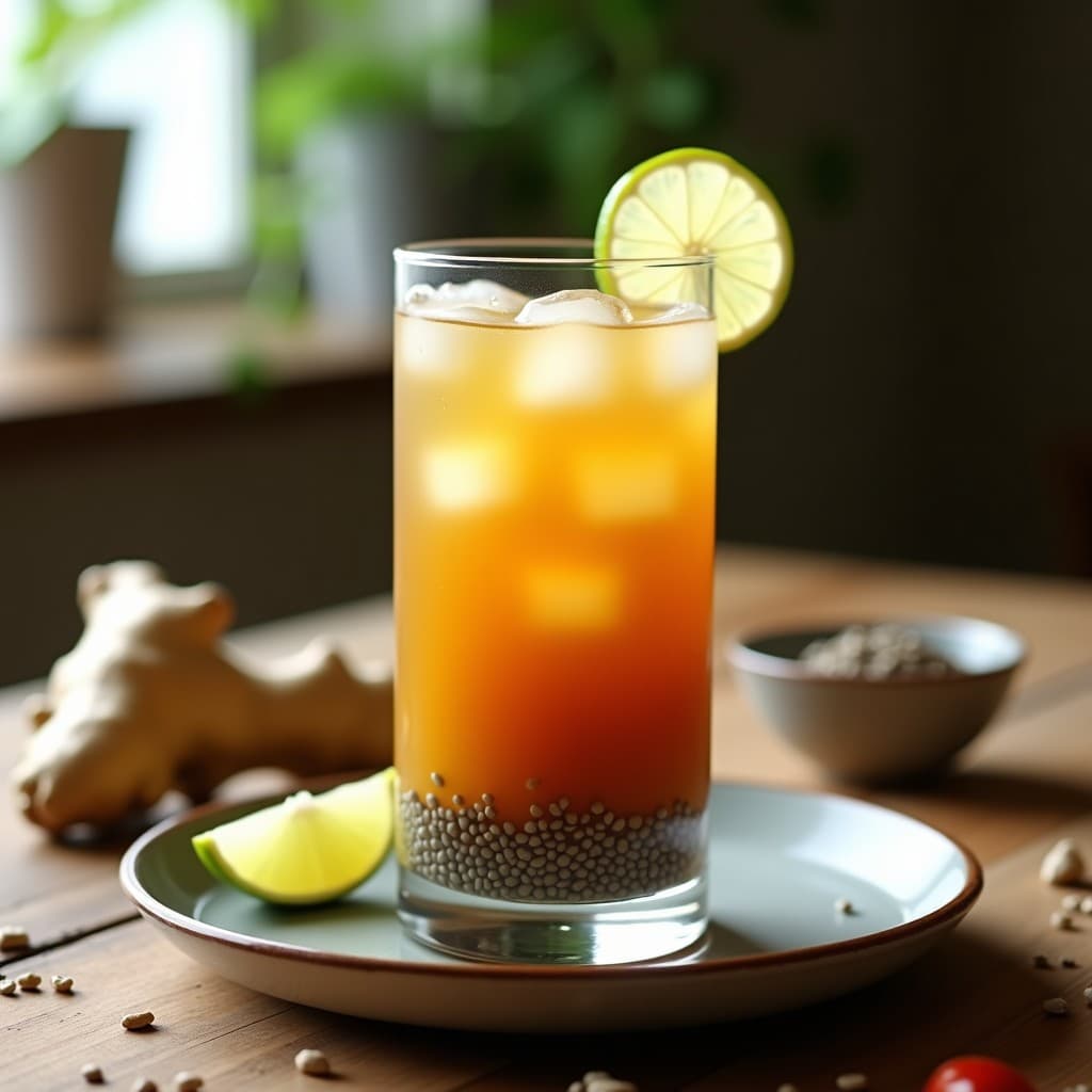 Vaso alto transparente con bebida de tamarindo y chía con jengibre fresco, de color ámbar oscuro con semillas de chía en suspensión. Decorado con rodaja de limón verde y pizca de chía en el borde. Fondo de mesa de madera rústica con ingredientes alrededor: tamarindo, jengibre entero y cucharada de semillas de chía.