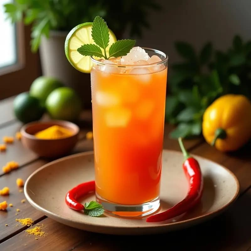 Vaso alto transparente con bebida de tamarindo de color ámbar, decorado con hielo picado, rodaja de limón y hoja de hierbabuena, sobre fondo rústico de madera con chiles y ají amarillo en polvo alrededor.