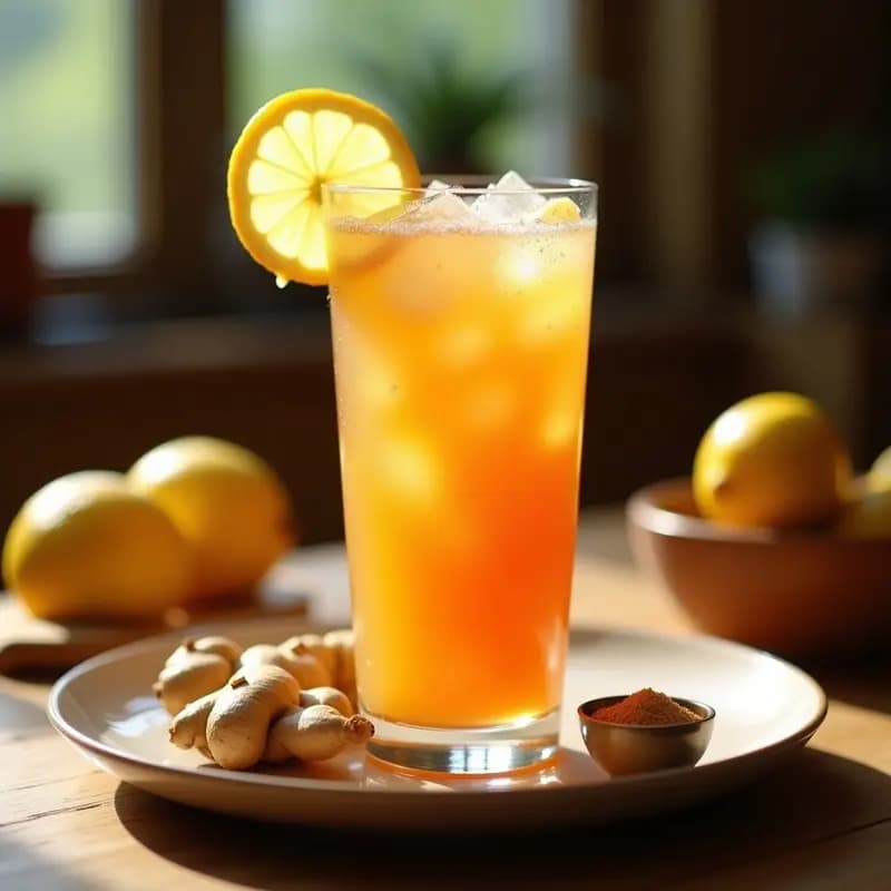 Vaso alto transparente con bebida de tamarindo y jengibre de color ámbar, coronado con burbujas de limón efervescentes, hielo y una rodaja de limón en el borde, sobre fondo rústico de madera con ingredientes al lado: tamarindo, jengibre y limones.