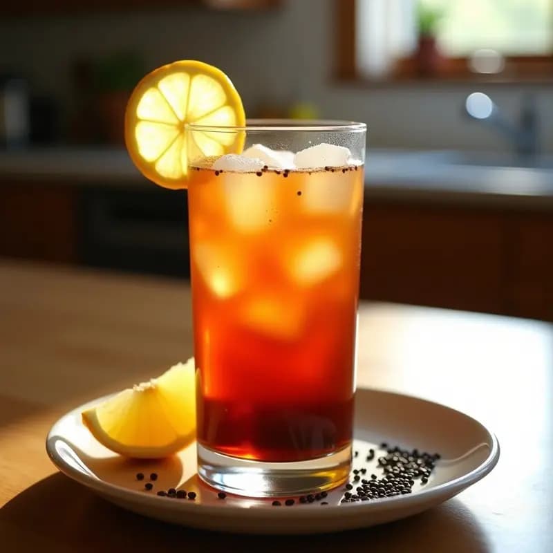 Vaso alto transparente con bebida de tamarindo y jengibre con chía, servida con hielo y una rodaja de limón en el borde. Semillas de chía visibles en suspensión y fondo borroso de cocina fresca.