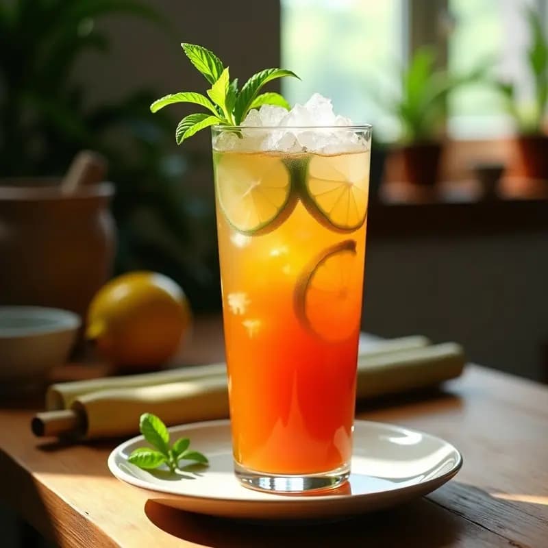 Vaso alto de cristal con bebida de tamarindo y jengibre tailandesa, hielo picado brillante, rodajas de limón verde y hojas de menta fresca, fondo borroso con elementos tailandeses como tallos de limoncillo.