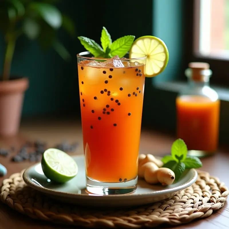 Vaso alto transparente con bebida de tamarindo y jengibre con menta fresca, decorado con rodaja de lima y ramita de menta, sobre fondo rústico de madera con hielo flotante.