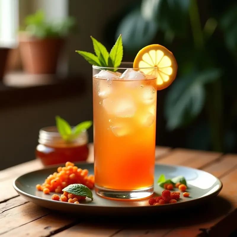Vaso alto transparente con bebida de tamarindo y rosa mosqueta, color ámbar con burbujas, decorado con hielo picado, rodaja de limón y hoja de menta. Fondo de madera rústica con ingredientes dispersos: tamarindo, rosa mosqueta y miel de ulmo.