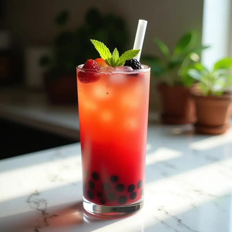 Vaso alto transparente con bebida de té de burbujas con chía y frutos rojos, mostrando capas degradé de color rojo intenso, té ámbar y burbujas de chía negras en la superficie, decorado con menta fresca y una pajita ancha, sobre fondo blanco con luz natural.