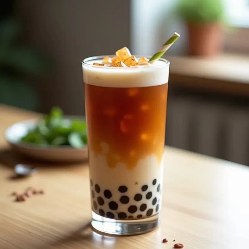 Vaso alto transparente con bebida de té de burbujas taiwana vegana, capas de leche de avena espumosa, té negro oscuro y perlas de tapioca blancas. Semillas de chía en el fondo y pajita ancha. Jarabe de agave y hielo visibles.