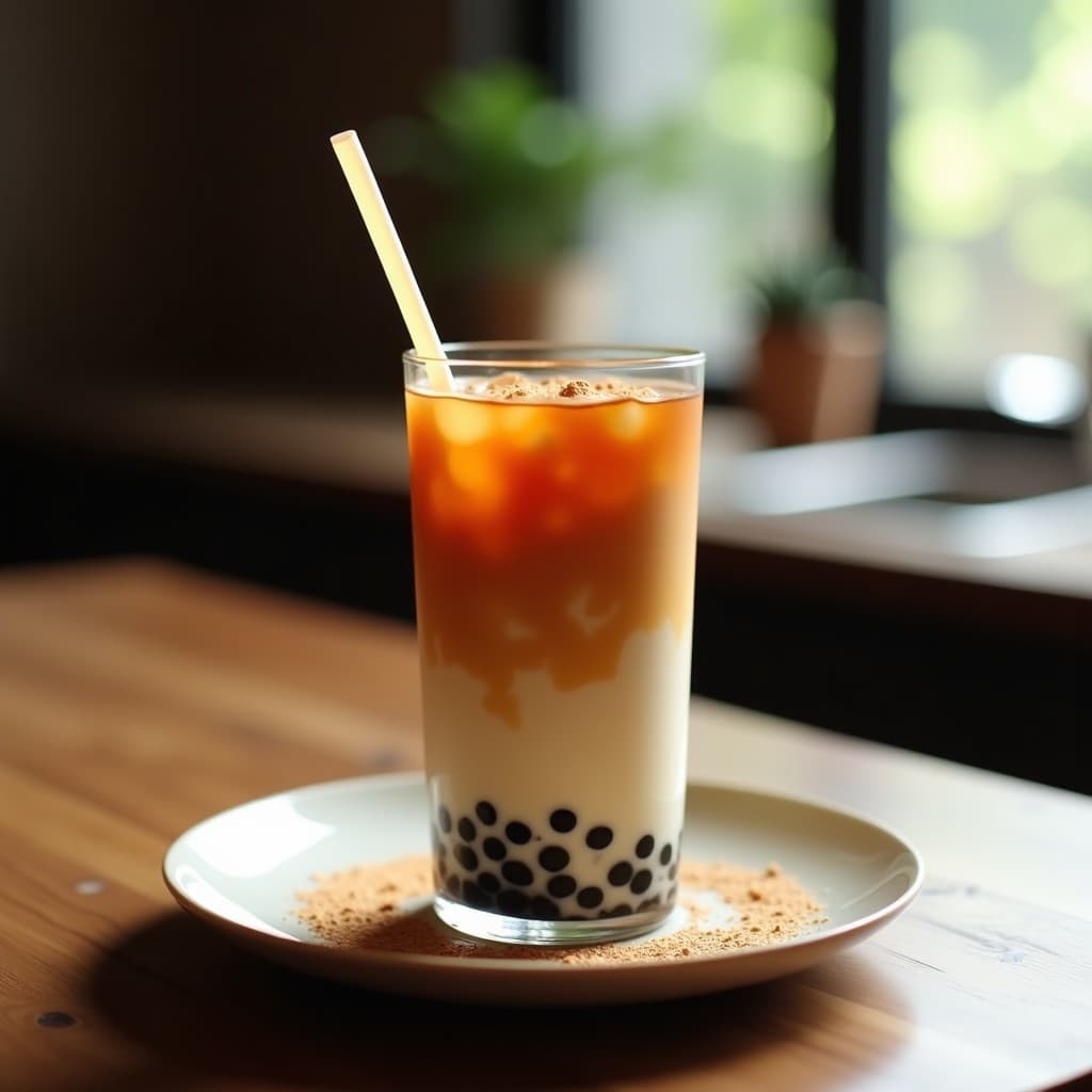 Vaso alto transparente con bebida de té de burbujas en capas, perlas de tapioca negras en el fondo, leche de mandioca cremosa y té negro oscuro, decorado con esencia de vainilla y un toque de canela, servido con pajita ancha sobre fondo rústico de madera.