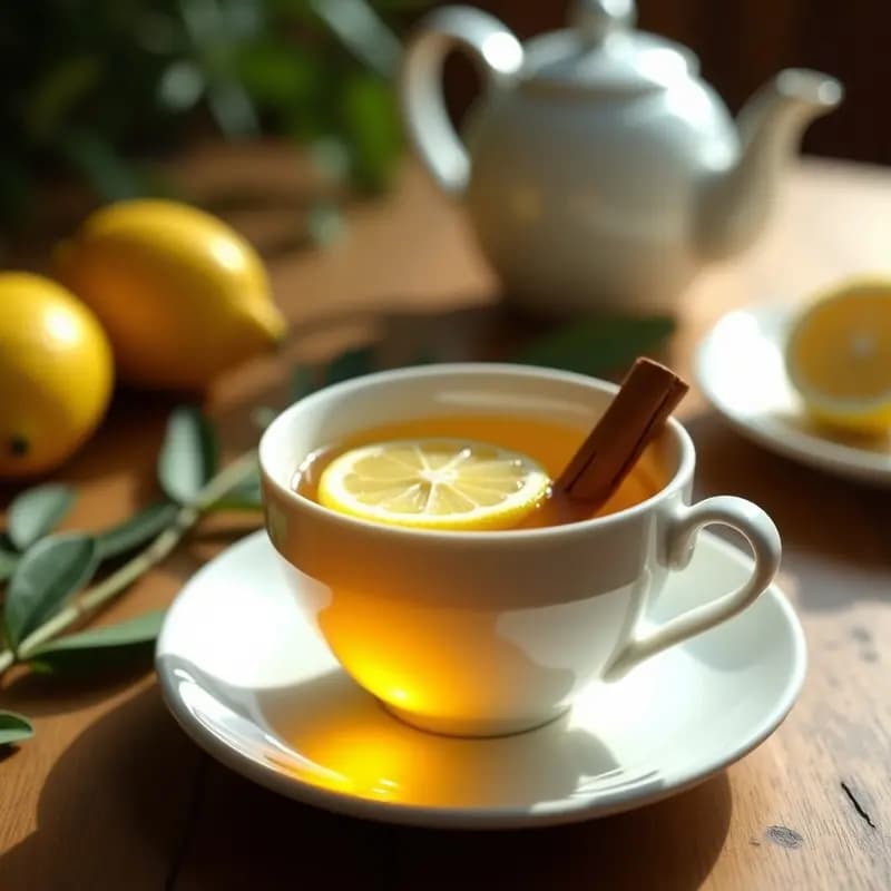 Taza de porcelana blanca con infusión dorada de té de hojas de olivo y limón, decorada con una rodaja de limón fresco y una ramita de canela sobre una mesa rústica de madera. Fondo desenfocado con hojas de olivo y limones enteros.