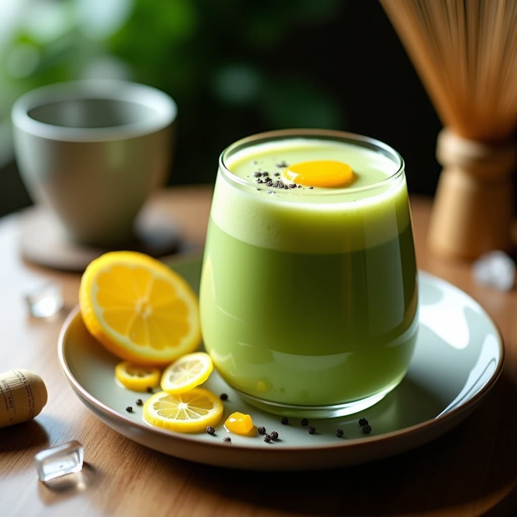 Bebida energizante japonesa en tupper de vidrio con té matcha verde vibrante, trozos de limón confitado amarillo y jengibre fresco, decorada con semillas de chía y hielo picado.