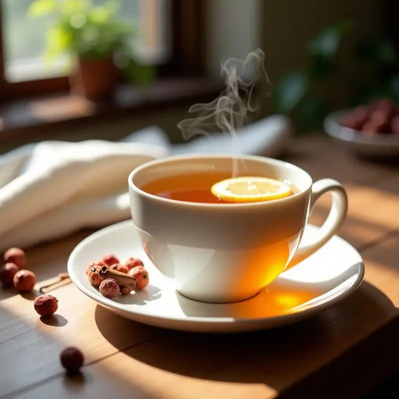 Taza de porcelana blanca con infusión dorada de té de rosa mosqueta y jengibre, decorada con una rodaja de limón y una ramita de canela, sobre una mesa de madera rústica con fondo de tela de lino.