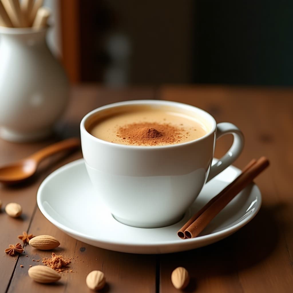 Taza de cerámica blanca con latte etíope vegano de téf y especias, espolvoreado con canela, sobre una mesa de madera con semillas de cardamomo y una cuchara de madera. Bebida cremosa y aromática con tonos marrones claros.