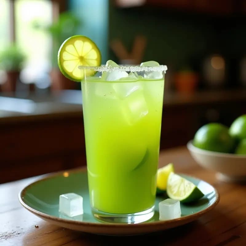 Vaso alto transparente con bebida de tomate verde y limón, decorado con una rodaja de limón y un trocito de chile habanero, sobre una mesa rústica de madera con hielo flotando.