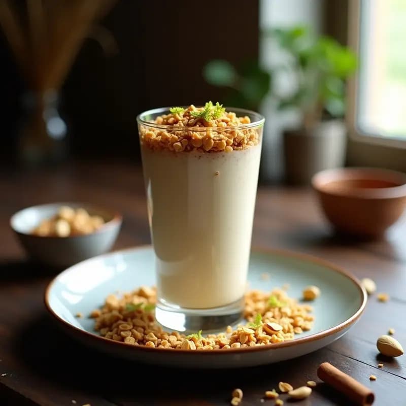 Vaso alto transparente con bebida cremosa de yogur y avena, coronada con granola dorada, semillas de sésamo y coco rallado. Fondo con especias indias como cardamomo y canela en polvo, estilo desayuno saludable y proteico.