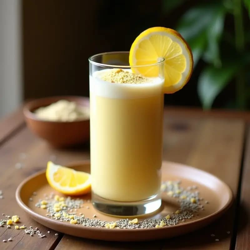 Vaso alto transparente con bebida fermentada de yogur de soja y baobab, de color crema con tonos amarillentos, decorado con rodajas de limón y jengibre rallado. Fondo rústico de madera con semillas de chía esparcidas.