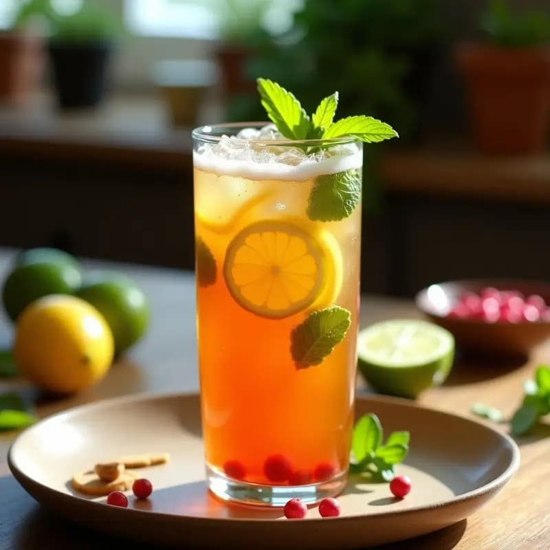 Vaso alto transparente con bebida de zarzaparrilla y limón, hielo de jengibre dorado flotando, rodaja de limón en el borde y hojas de menta fresca. Refresco detox tradicional mexicano con burbujas y efecto visual impactante.