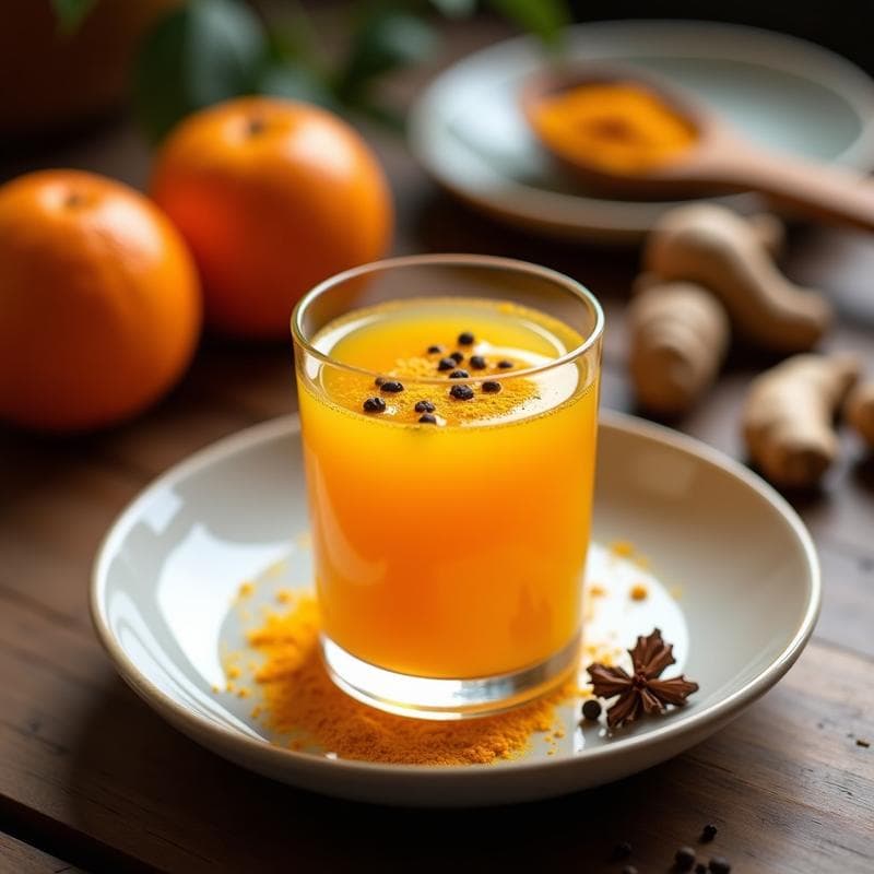 Vaso pequeño de cristal con shot inmunológico vegano de color naranja intenso, espolvoreado con cúrcuma y pimienta negra, sobre una mesa de madera con naranjas frescas y una cuchara de madera al fondo.