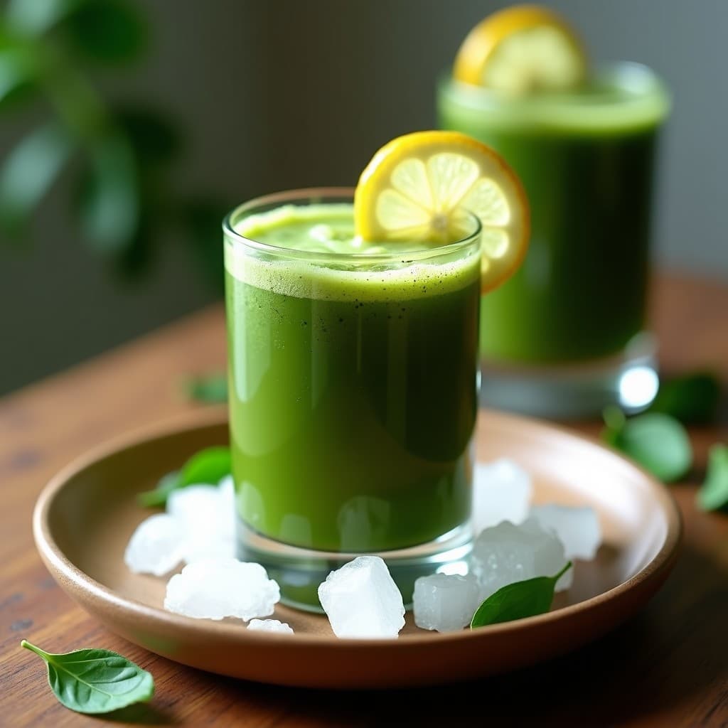 Shot detox hawaiano en vaso pequeño de cristal con zumo de noni, jengibre rallado y espirulina, servido con hielo picado y una rodaja de limón al borde. Fondo natural con hojas verdes y luz suave.
