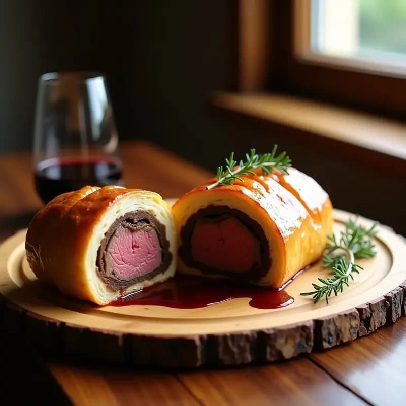 Beef Wellington cortado en rodajas gruesas sobre una tabla de madera, mostrando el filete de carne jugoso rodeado de paté y champiñones, envuelto en masa de hojaldre dorada y crujiente. Acompañado de hierbas frescas y salsa de vino tinto al fondo.