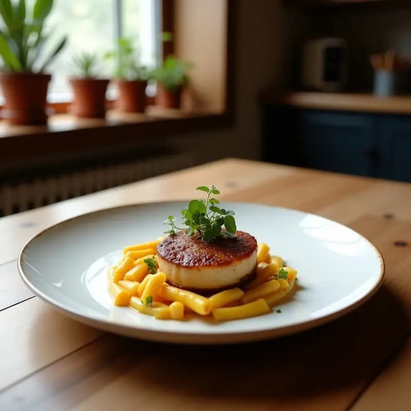 Beef Wellington Británico recién horneado: filete de ternera envuelto en hojaldre dorado y crujiente, con relleno de paté y champiñones, cortado en rodajas para mostrar su interior jugoso, servido en fuente de cerámica blanca con hierbas frescas.