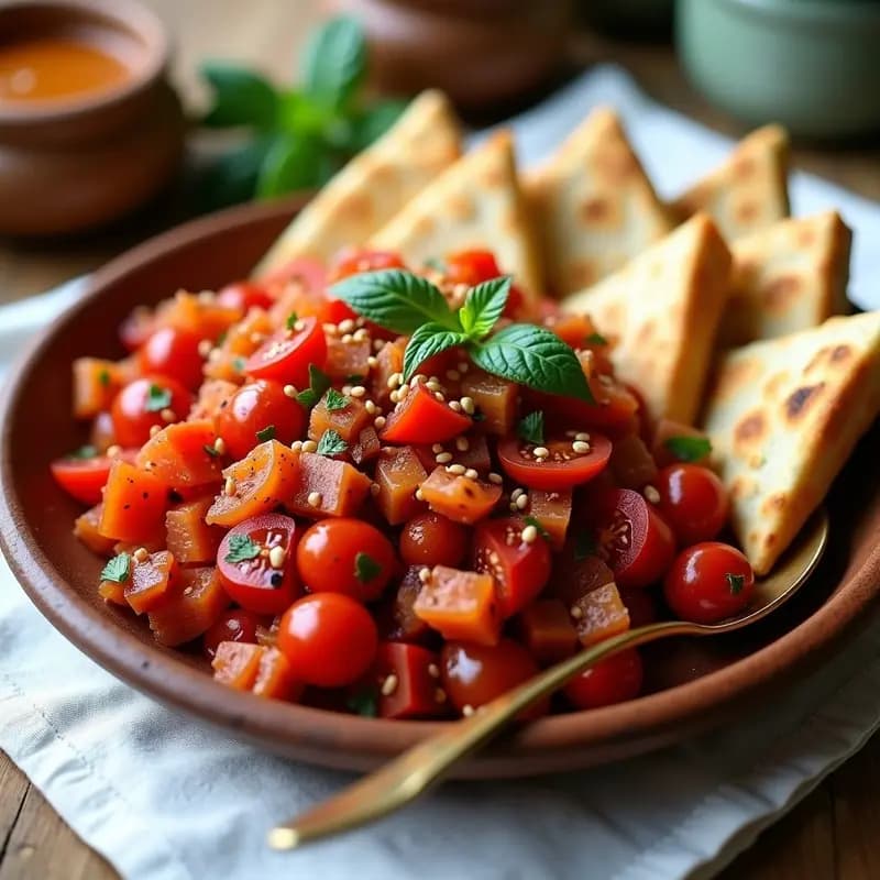 Plato de cerámica blanca con Behir Eezmeh, ensalada kurda de tomate y pimiento picante en cubos, decorada con semillas de granada y perejil fresco. Acompañada de triángulos dorados de pan de pita integral tostado. Fondos de especias como sumac y comino esparcidos.