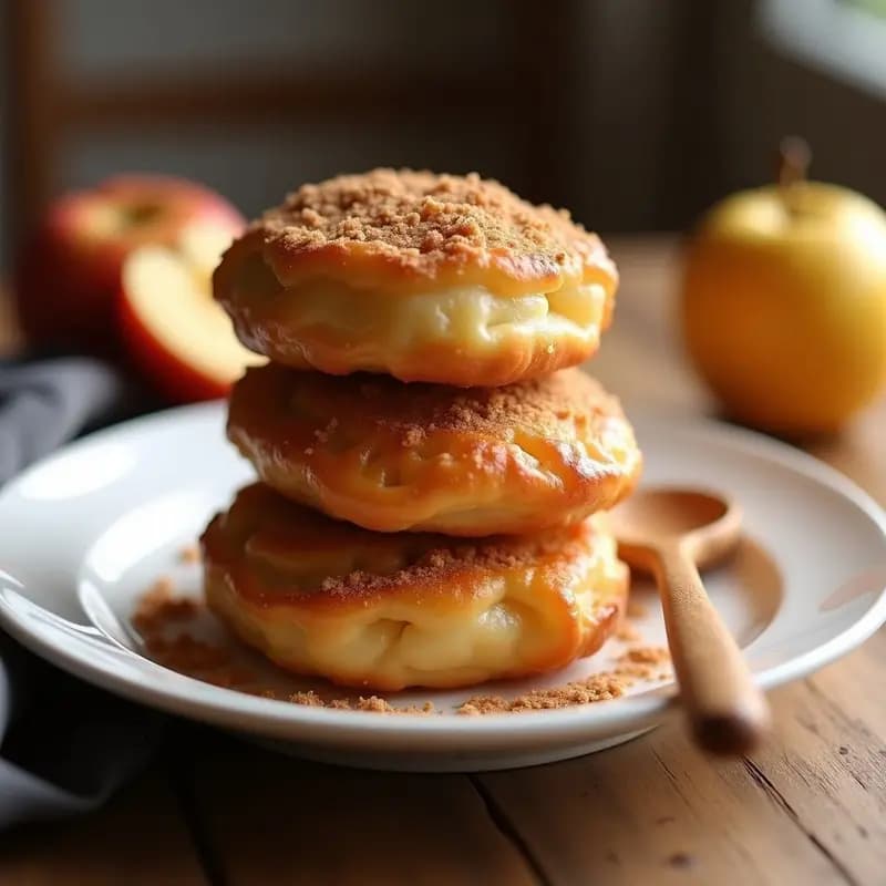 Beignets franceses dorados y crujientes rellenos de manzana y canela, espolvoreados con azúcar, sobre un plato de porcelana blanca con fondo de cocina rústica.