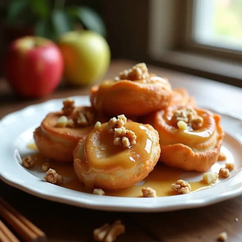Beignets dorados y esponjosos de manzana y canela en un plato blanco, bañados en glaseado de arce brillante, con nueces picadas y un fondo rústico de madera. Receta vegana de desayuno francés en airfryer.