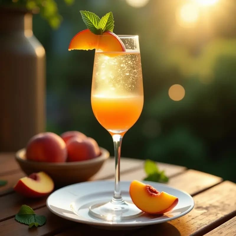 Copa de champán elegante con Bellini de melocotón y prosecco, decorada con rodaja de melocotón y hoja de menta, sobre fondo borroso de terraza veraniega.