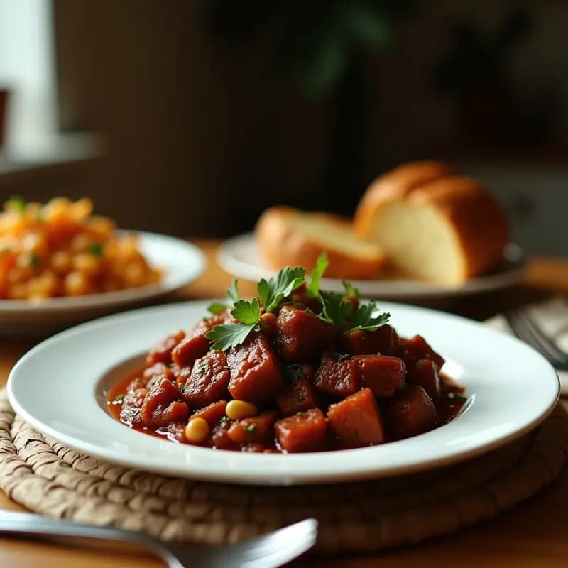 Plato hondo de barro con Bem-Estar de Feijão Preto com Farofa: estofado brasilero de frijol negro oscuro y espeso, cubierto con farofa de harina de yuca dorada y crujiente, decorado con cilantro fresco y un chorrito de limón. Fondo rústico con utensilios de madera.