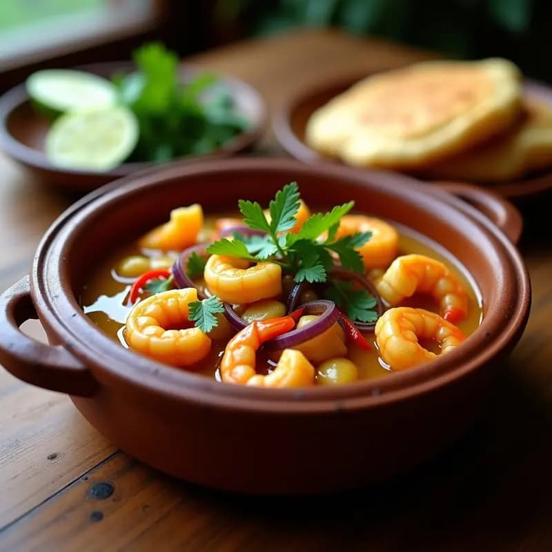 Plato hondo de cerámica negra con bembe de camarones al ajillo venezolano, caldo amarillo dorado con camarones rosados, trozos de tomate, cebolla morada y cilantro fresco. Acompañado de una rodaja de limón verde y una arepa en el fondo.