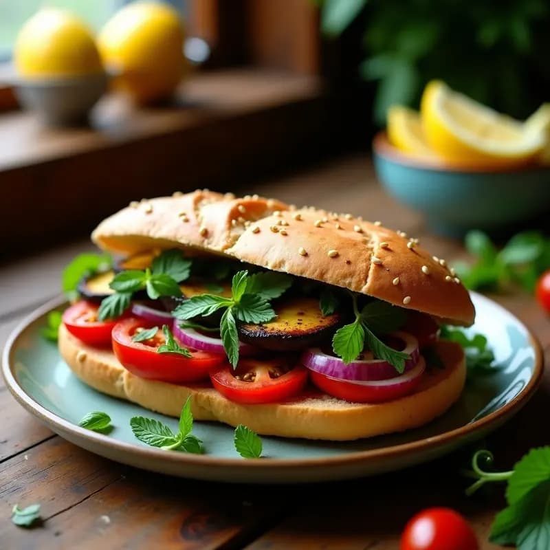Sándwich Bemisal iraní abierto mostrando pan de pita integral relleno de rodajas doradas de berenjena asada, tomate fresco, cebolla morada y hierbas verdes picadas, con un fondo rústico de madera.