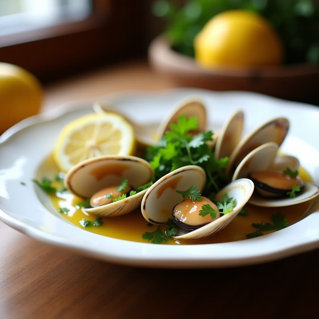Plato blanco con berberechos abiertos bañados en vinagreta de limón y perejil, decorados con rodajas de limón y hojas de perejil fresco, receta española tradicional.