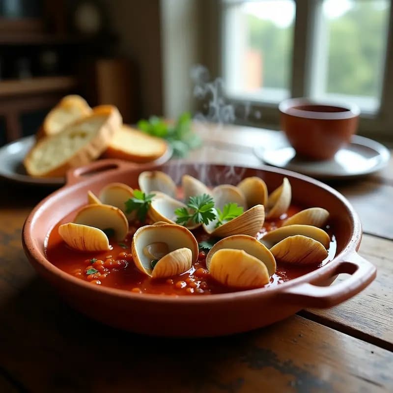 Cazuela de barro humeante con berberechos a la marinera en salsa espesa de vino blanco, ajo, perejil y tomate, servidos con pan tostado. Receta costera española tradicional.