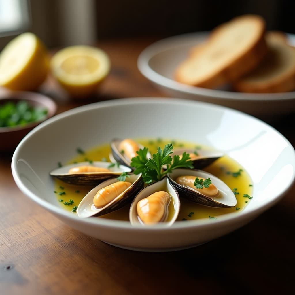 Plato blanco con berberechos al vapor abiertos, bañados en un caldo aromático con ajo y perejil fresco picado, servidos en su concha sobre una mesa rústica con un limón en rodajas y pan crujiente al lado.