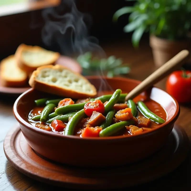 Plato hondo de barro con berdejas estofadas con sacromante, guiso extremeño de judías verdes tiernas, trozos de sacromante y caldo espeso, servido con pan rústico al lado.